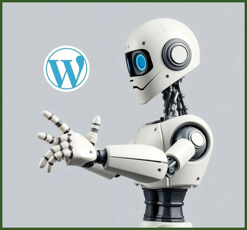 un robot con la mano apuntando a un icono de wordpress